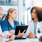 Woman, doctors and critical care team with tablet at hospital, Digital Advanced Practice Providers model