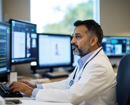 Focused doctor monitoring ICU patient vitals on multiple computer screens