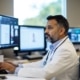 Focused doctor monitoring ICU patient vitals on multiple computer screens