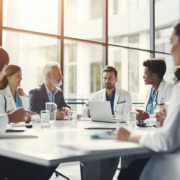 Hospital Leaders interacting at a meeting, hospital executives collaborating, reviewing performance metrics or patient data
