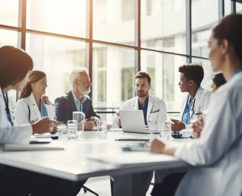 Hospital Leaders interacting at a meeting, hospital executives collaborating, reviewing performance metrics or patient data